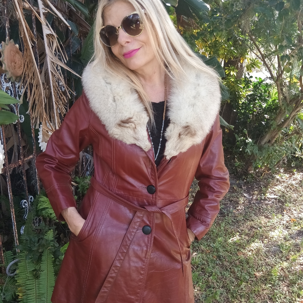 70s vintage Leather Fox trimmed Jacket Small